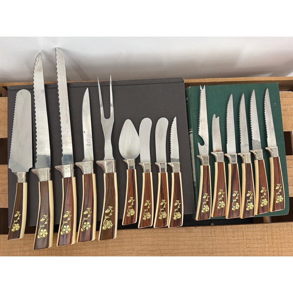 Vintage Lifetime Cutlery Sheffield England 15pc MCM Gold Floral Faux Wood Handle